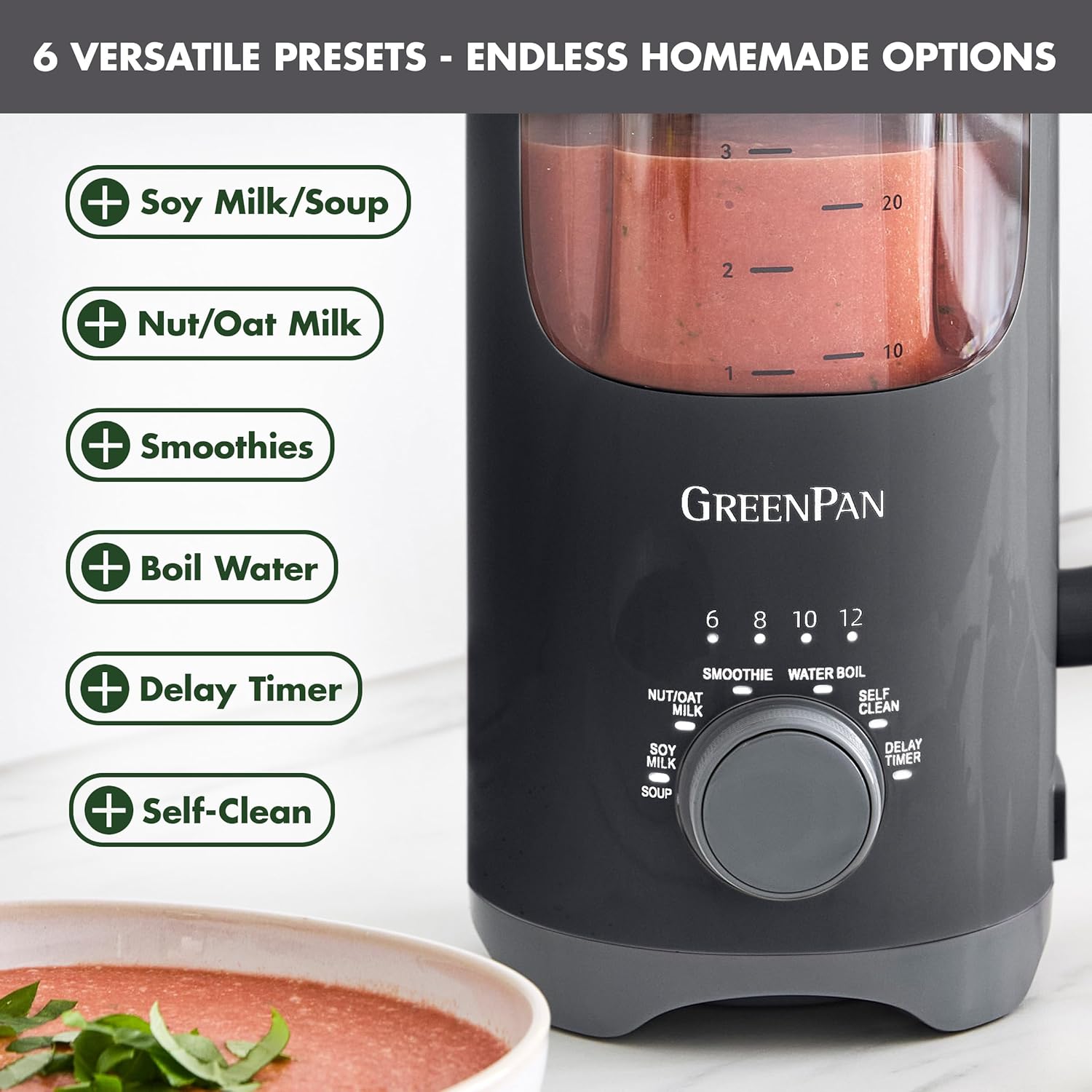 GreenPan Nut Milk Maker, 15-in-1 Homemade Soy, Almond, Oat, Coconut, Non-Dairy, Rice, Soup, Baby Food, BPA-Free, Smooth Creamy Texture, Self Clean, Barista Quality Milk, Delay Start, Boil Water, Gray