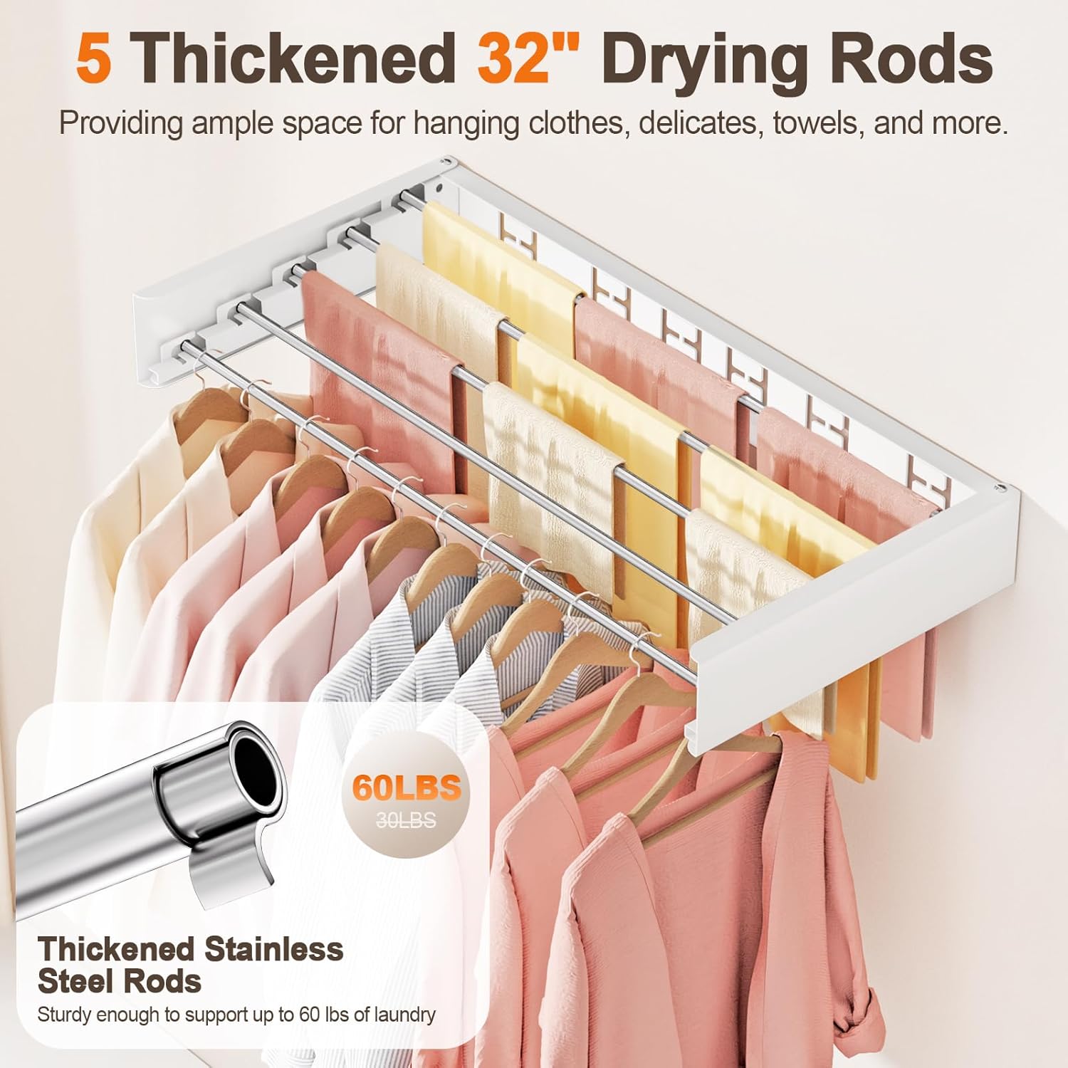 Wall Mounted Clothes Drying Rack Folding Indoor, Foldable Laundry Drying Rack Collapsible,Invisible, Space Saving, Retractable Towel Drying Rack, with Wall Template(5 Drying Rods, White 32