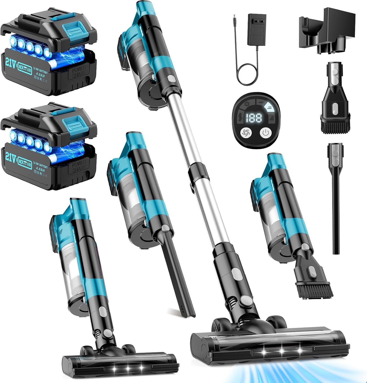 700W Cordless Vacuum Cleaners for Home with 2*Battery 8000mAh, 60kPa Brushless Rechargeable Stick Vacuum with 3 Mode, 6 In 1 Portable Handheld Cordless Vacuum for Pet Hair /Hardwood Floor/Carpet /Dorm