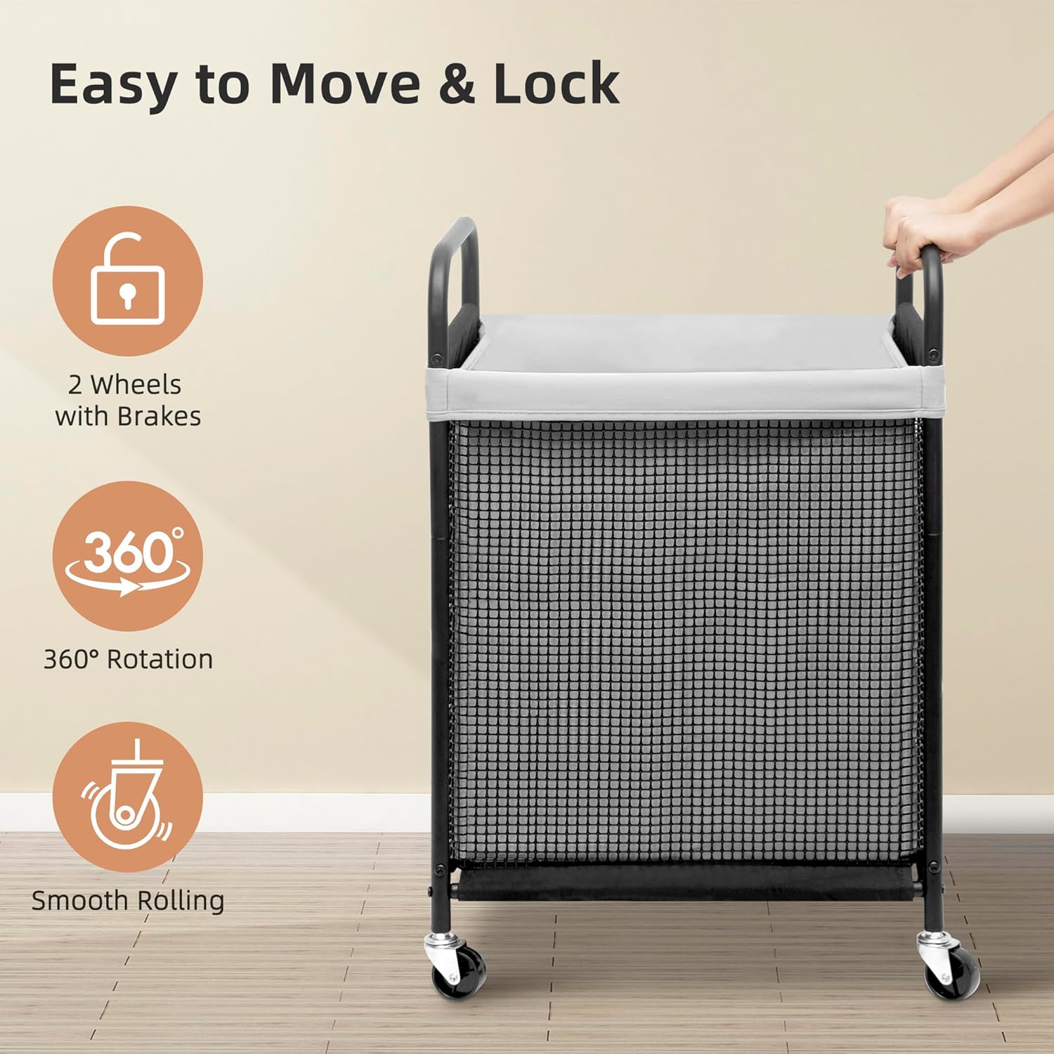 STORAGE MANIAC Rolling Laundry Hamper with Wheels 1-Section Laundry Sorter Rolling Laundrys Basket on Wheels with Removable Bag Clothes Hamper Laundrys Organizer Cart Bathroom Bedroom 90L Grey