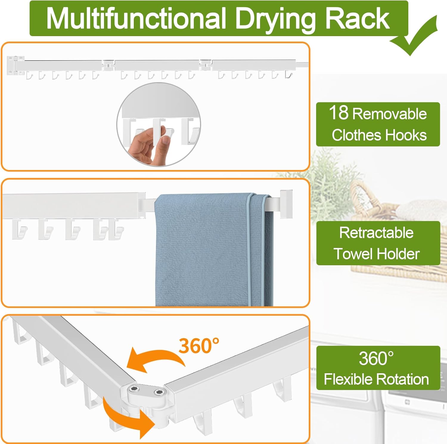 Clothes Drying Rack, Laundry Drying Rack Wall Mounted, [No-Drill & Drilling to Choose] 3-Fold Laundry Drying Racks for Hanging Clothes, Foldable & Sturdy Space Saver for Laundry Room -White