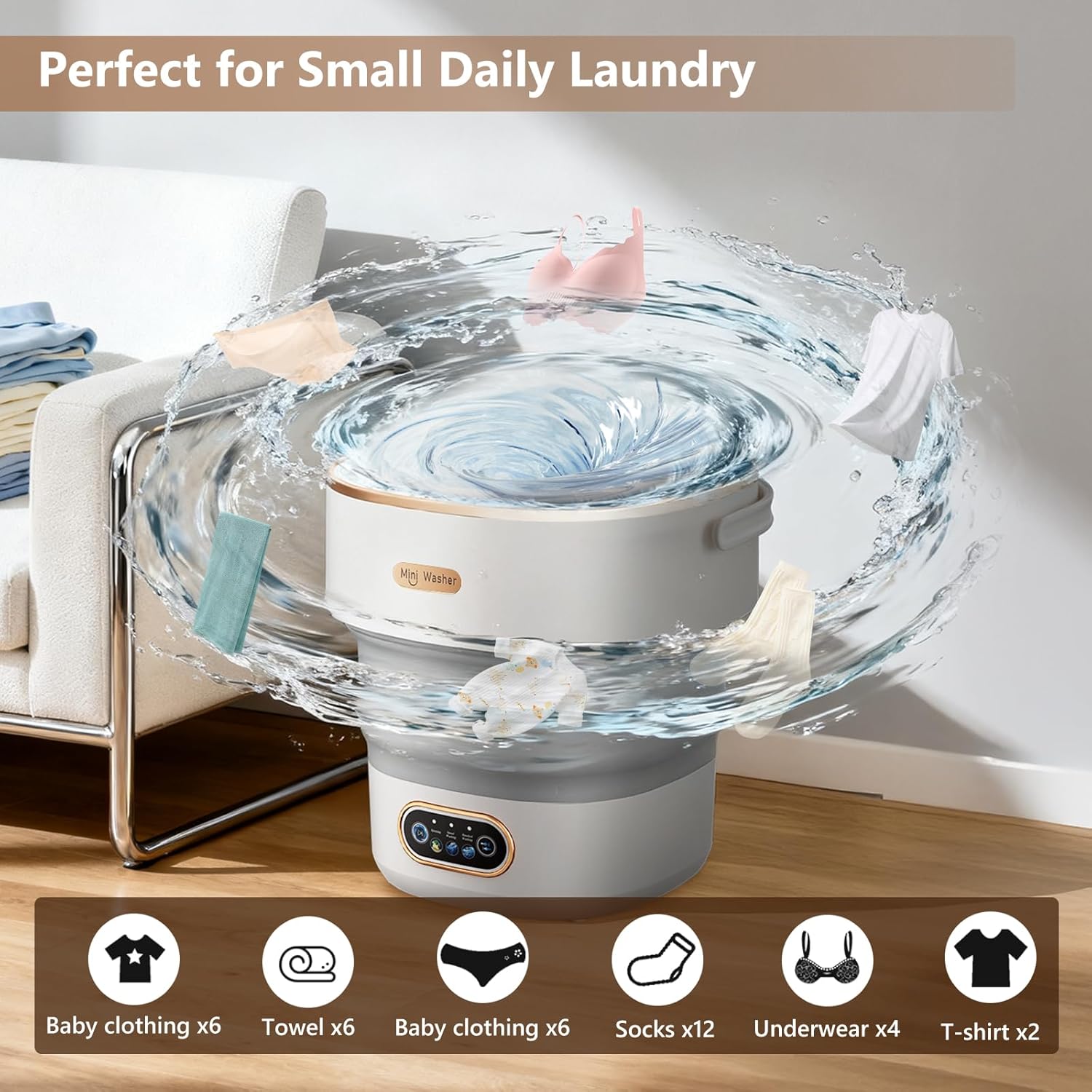Mini Laundry Machine 16L — Foldable Portable Laundry Machine and Spinner for Baby Clothes, Underwear, Socks; Ideal for Travel, Dorms, Camping