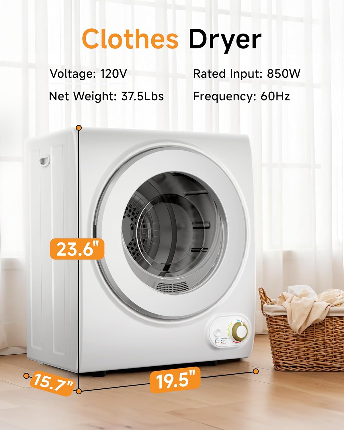 10 LBS Portable Dryer, 1.5 Cu.Ft. Portable Clothes Dryer with Knob Control, Stainless Steel Drum, Exhaust Pipe, 850W Drying Machine for Apartment, Dorm, Home, White