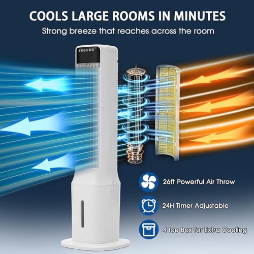 Swamp Cooler Air Conditioner Portable, 41in Tower Standing Fan 120° Oscillating Bladeless Evaporative Air Cooler with Removable Water Tank, 4 Ice Packs, 24h Timer, Auto-off for Bedroom Garage Outdoor