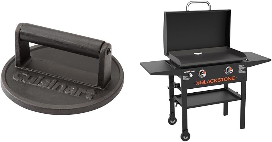 Cuisinart Smashed Burger Press, Cast Iron CISB-111 & Blackstone 1883 Original 28” Griddle with Integrated Protective Hood and Counter Height Side Shelves, Powder Coated Steel, Black
