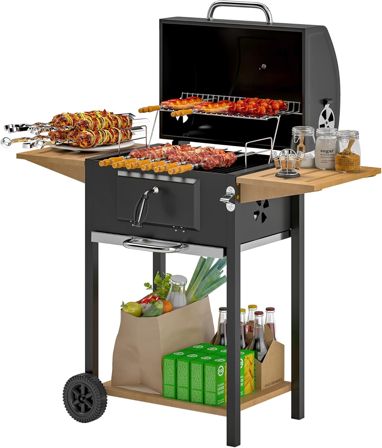 Outsunny Charcoal BBQ Grill with 245 sq. in. Cooking Area, Outdoor Barbecue Grill with Adjustable Charcoal Pan, 3 Shelves, Thermometer, Wheels for Patio, Backyard, Party, Picnic, Black