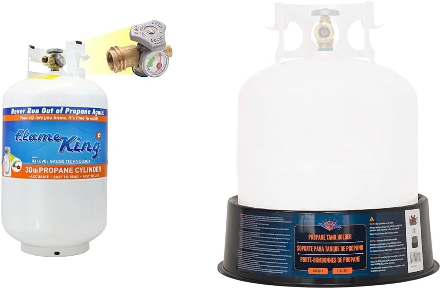 Flame King YSN330 30lb Steel Propane Tank Cylinder with Gauge and OPD Valve for Grills and BBQs & YSNPBS Propane Cylinder Base Stabilizer, Fits 20lb, 30lb, and 40lb Tanks, Black