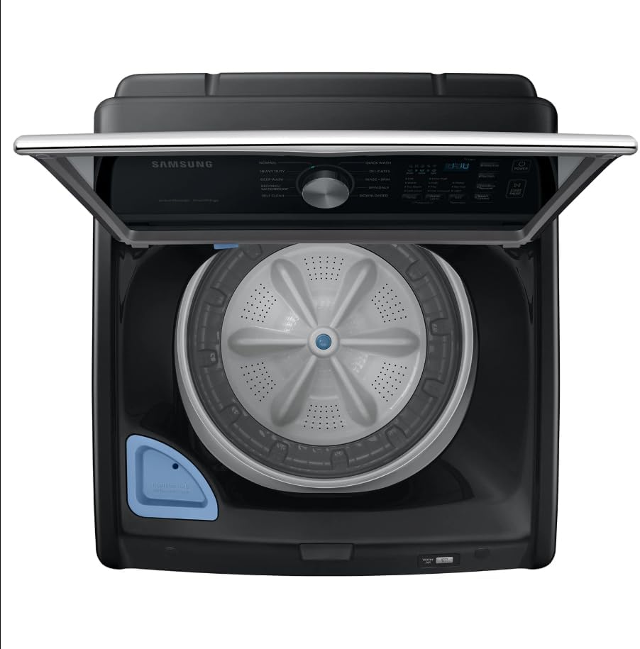 Samsung Smart 4.7 Cu Ft Top Load Washer & 7.4 Cu Ft Electric Dryer, Sensor Stops Overdrying, Low Vibration Quiet Wash, WaterJet w/Power Cords, Hoses, Vent Duct, 1 Year CPS Protection Bundle (Black)