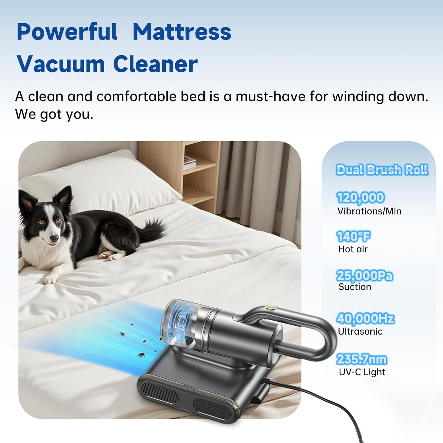 Dual Brush-Roll Mattress Vacuum Cleaner with 25KPa High Suction, UV-C Light, 140°F Heating & Triple HEPA Filter [Allergens & Pet Hair Removal] Handheld Bed Vacuum for Couch, Quilt, Mattress, Crib