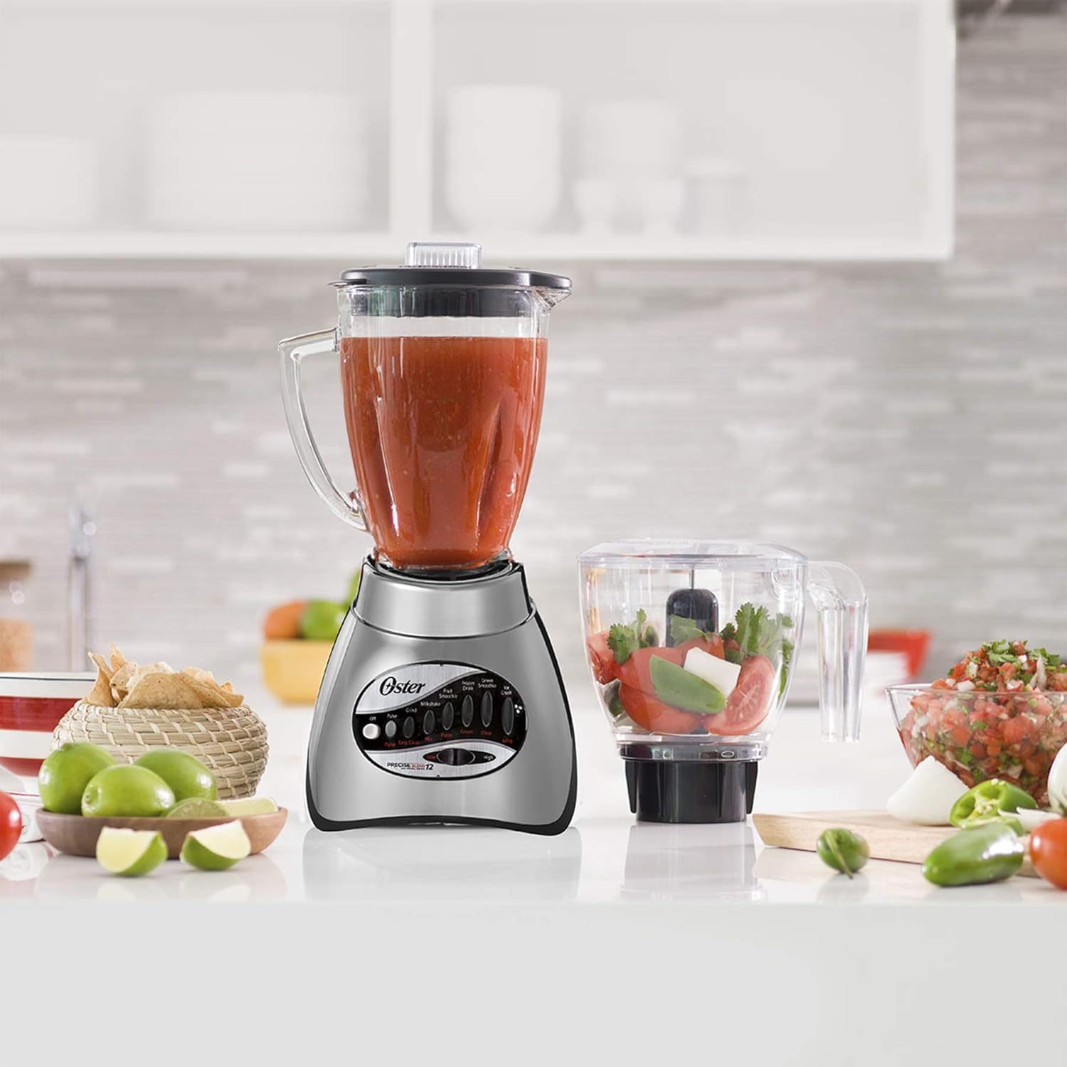 Oster Classic Series 16-Speed Blender with Food Chopper & 5-Cup Glass Jar, Countertop Kitchen Blender, Brushed Nickel