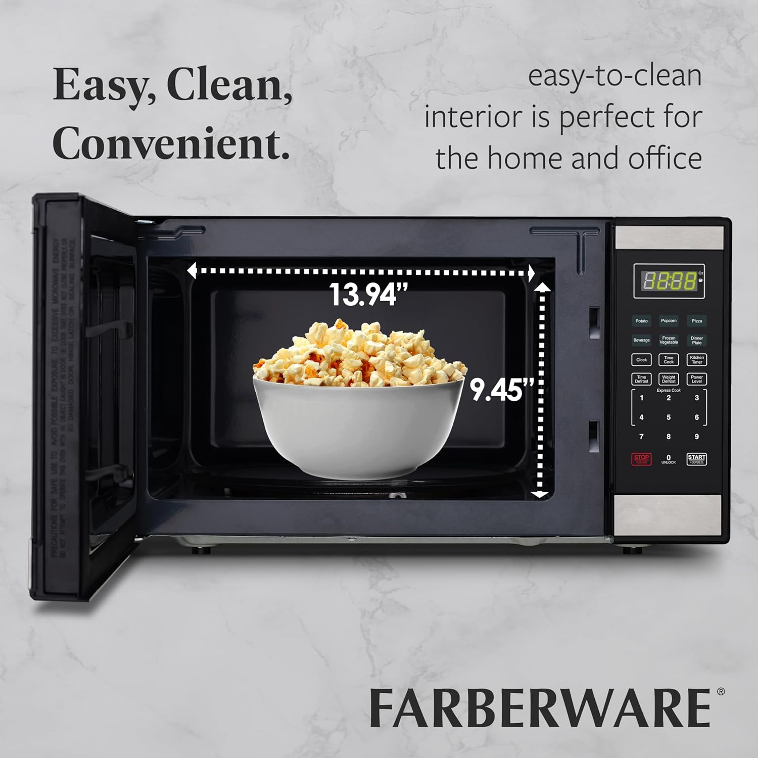 Farberware 1.3 Cu. Ft. Countertop Microwave Oven – 1000 Watts Power, Auto Cook Settings, Defrost, Easy Clean and Child Safety Lock - Stainless