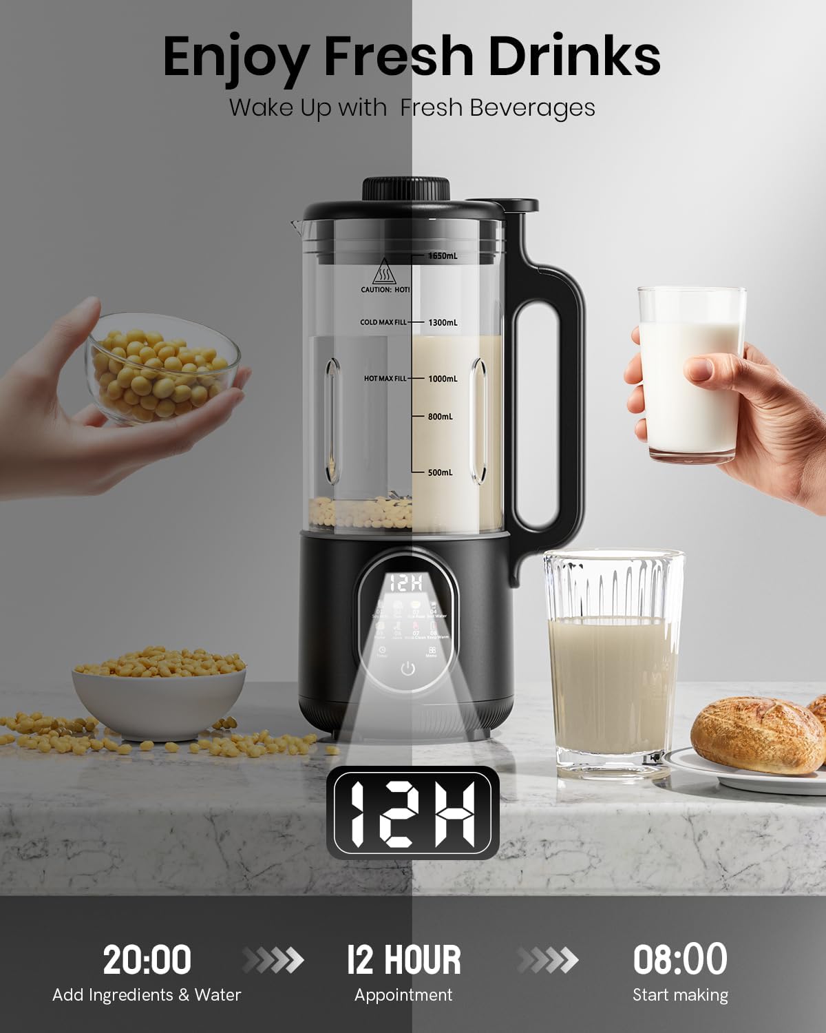 55oz Family Size Nut Milk Maker (5-6 Cups), Soy Milk Maker Machine for Almond/Oat/Soy/Cashew Milk, Juice & Smoothie, Almond Milk Maker with Auto Clean/Self-Clean, Delay Start, Boil Water & Keep Warm