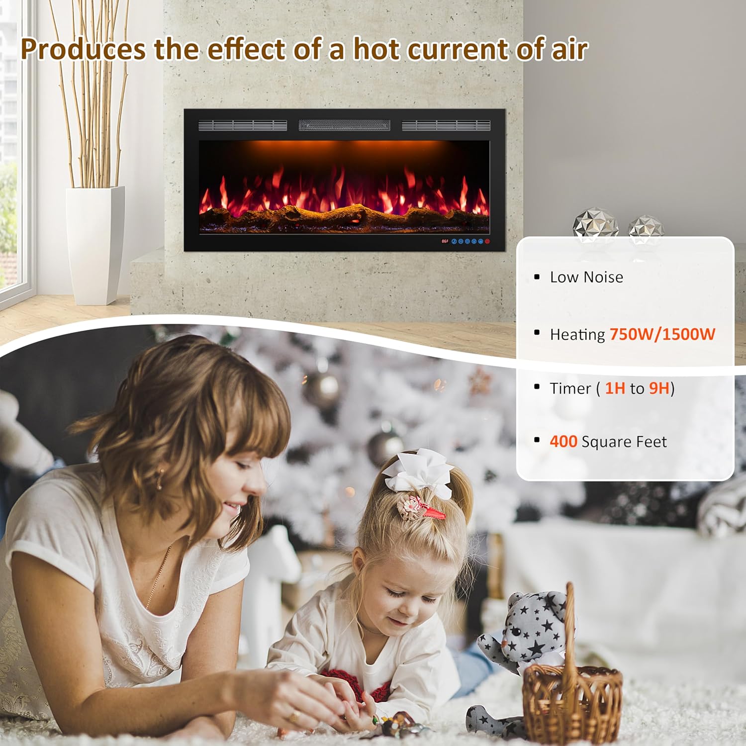 72 Inch WiFi-Enabled Electric Fireplace Inserts & Wall Mounted, Slim Electric Fireplace Heater, 750/1500w, Adjustable Flame Color, Remote Control & Touch Screen, Logs & Crystals, Black