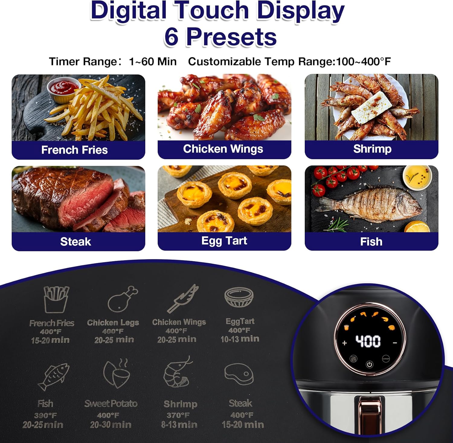 4.7QT Glass Air Fryer, 360° Viewable Glass Air Fryer Non Toxic, 6-IN-1 Preset Cook Modes, Digital Display, Adjustable Temp 100F - 400F, Nonstick, Dishwasher Safe, Black