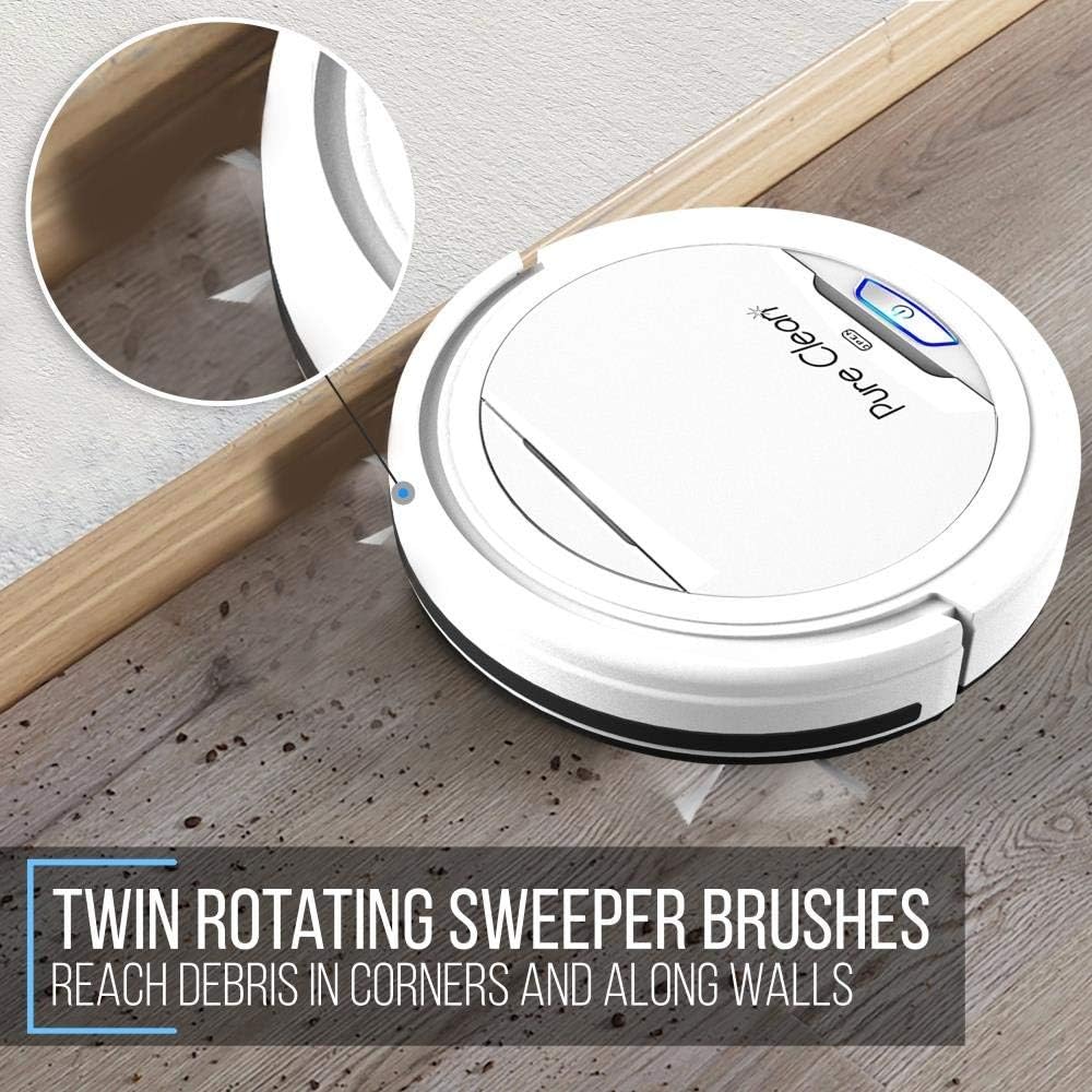 Pure Clean Automatic Robot Vacuum - Robotic Auto Home Cleaning for Clean Carpet Hardwood Floor - Cleaner Bot Self Detects Stairs - HEPA Filter - PUCRC25 (White) (Renewed)