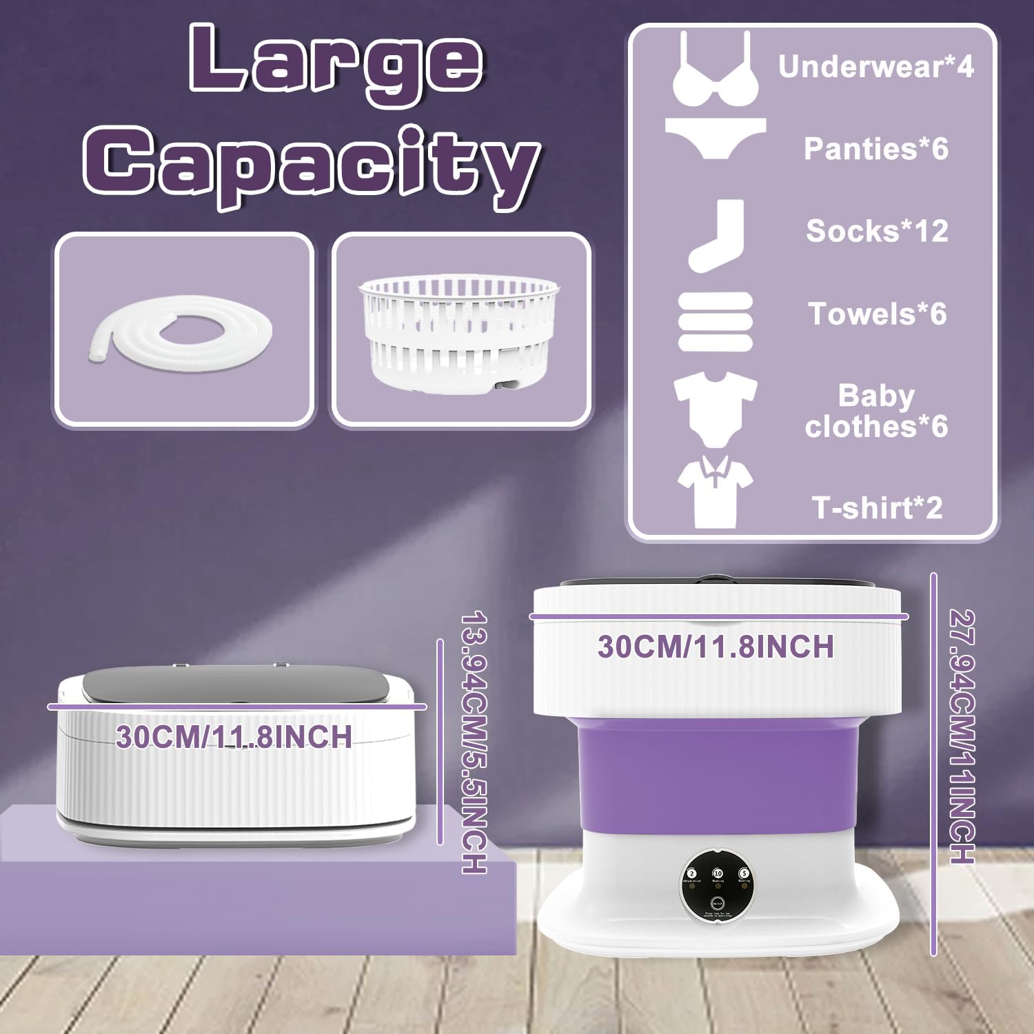 Portable Washing Machine, 16L Mini Washer and Dryer, 60W Foldable Lavadora Portatil with Spin,Small Compact Clothes Laundry for Underwear, Baby Clothes, Socks (Purple)