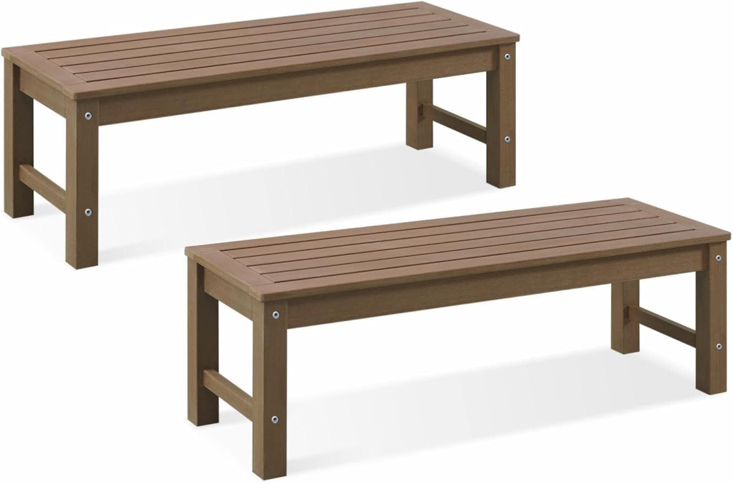 Psilvam Knight Bench Set of 2, Two Person Outdoor Poly Lumber Patio Backless Bench, Weatherproof Garden Bench That Never Rot and Fade, Suit for Church, School, Garden, Porch and Park (Brown)