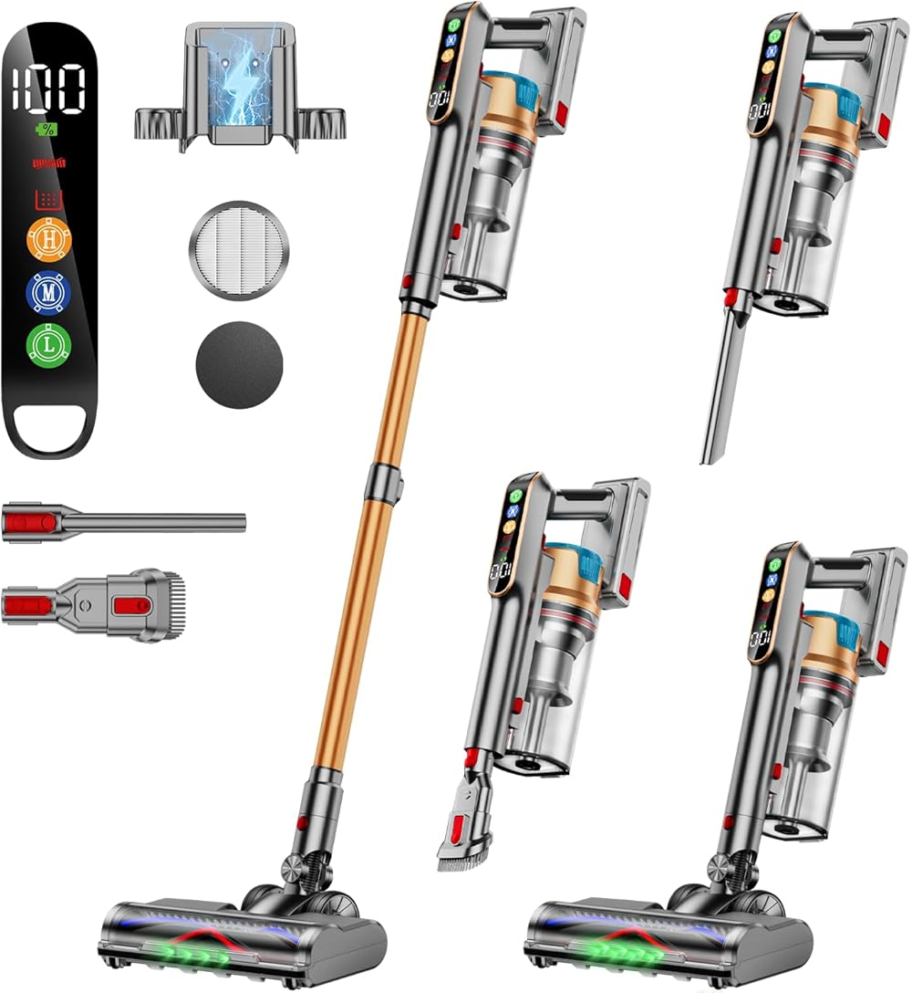 Cordless Vacuum Cleaner, 600W/50KPA/65Mins Vacuum Cleaners for Home, Super 1.8L Cup& Large LED Screen Stick Vacuum Anti-Tangle, Lightweight Cordless Vacuum with Charging Dock for Pet Hair/Carpet/Floor