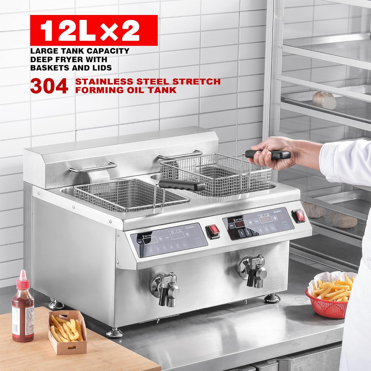 EGGKITPO 240V 7000W Commercial Induction Fryer 12L×2(25.4 QT) Electric Deep Fryer with Solid Baskets, 60 Minutes Timer Oil Drain Stainless Steel Bulid for Large Restaurant or Business Use