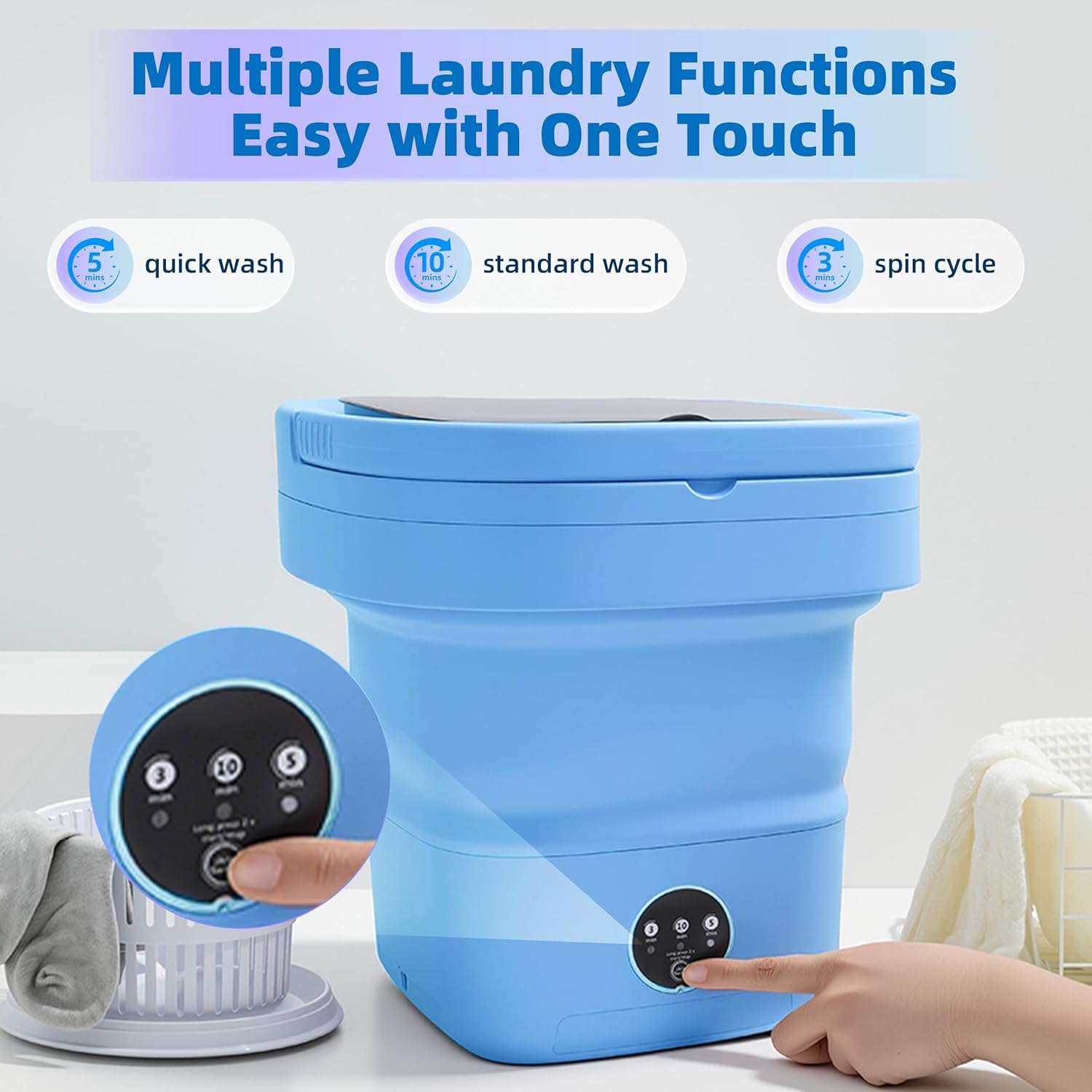 Portable Laundry Machine, 16L Foldable Washer and Dryer with 3 Deep Cleaning Modes, Suitable for Small Clothes, Ideal Mini Laundry Machine for Home, Camping, Hotel and Apartment(Blue)