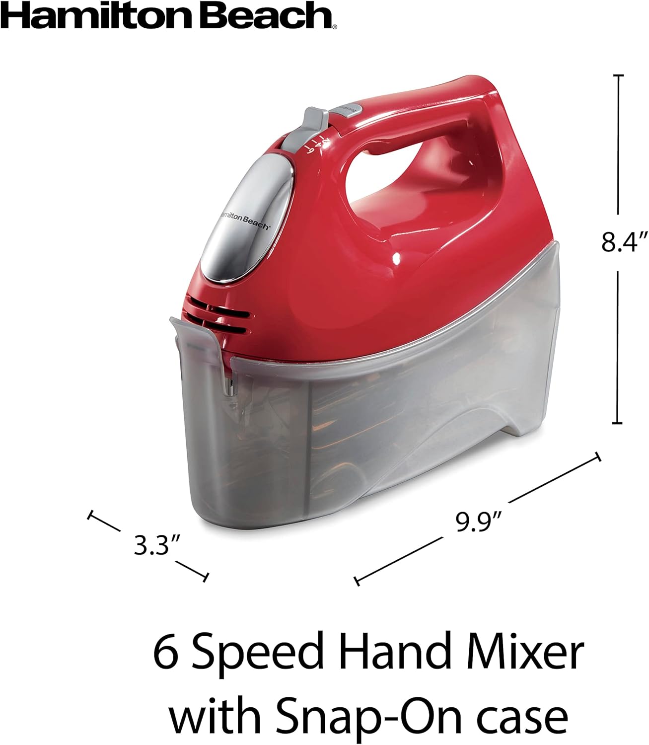 Hamilton Beach 6-Speed Electric Hand Mixer with Whisk, Traditional Beaters, Dough Hooks, Snap-On Storage Case, 275 Watts, Red