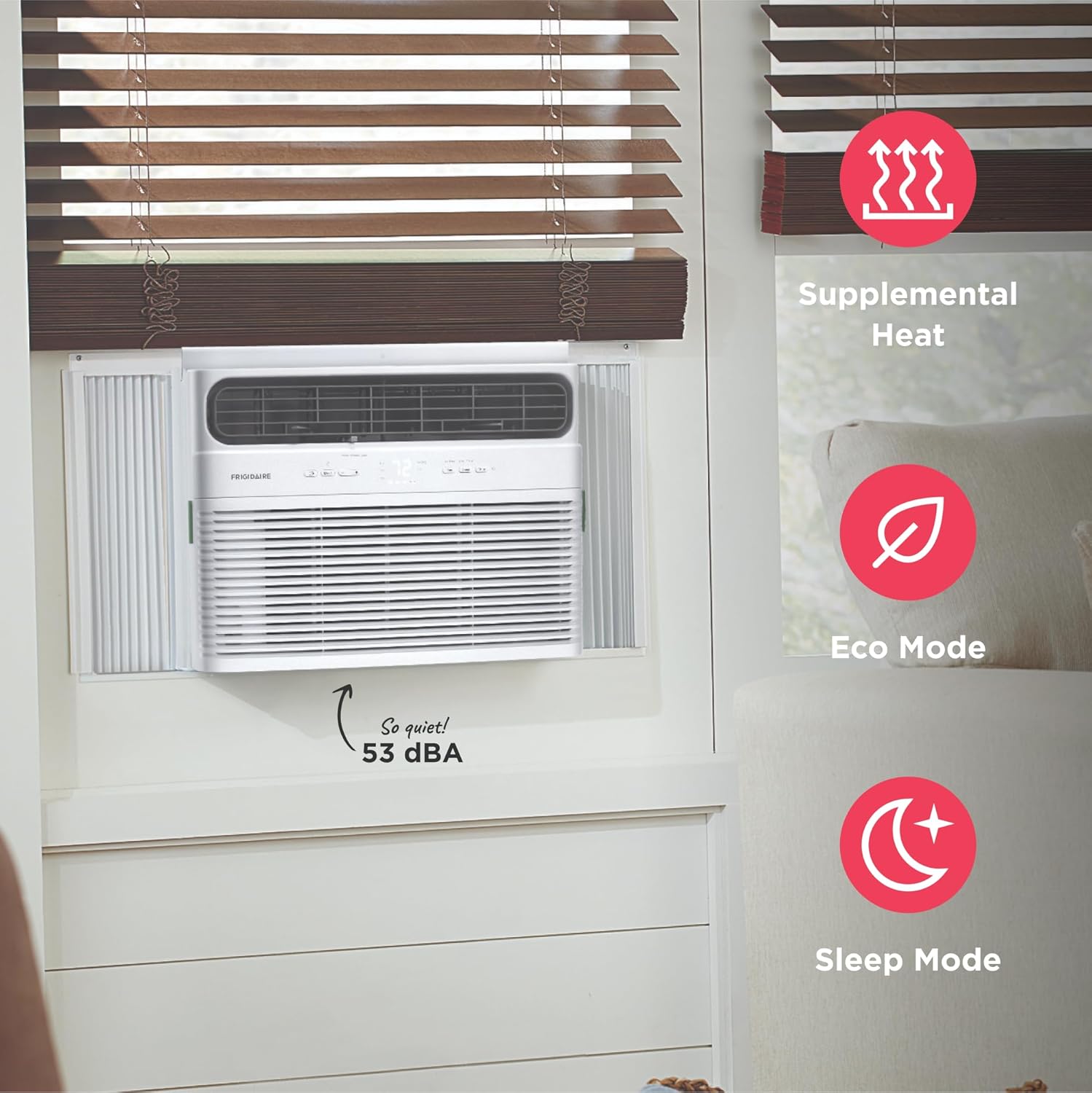 Frigidaire 8,000 BTU Window Air Conditioner with Supplemental Heat, Cools & Heats Up to 350 Sq. Ft., Remote Control, Quiet Operation, Eco Mode, 3 Fan Speeds, White