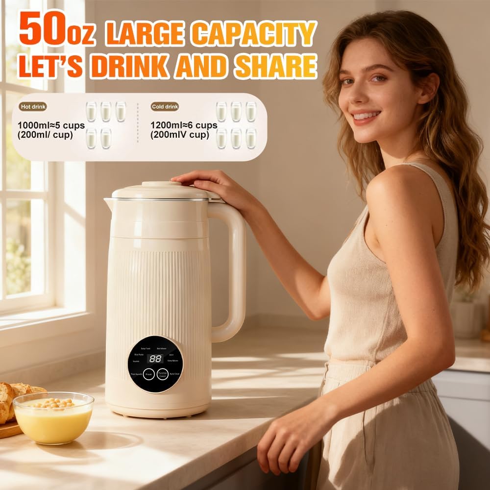 8 in 1 Nut Milk Maker Machine, 50oz Automatic Soy Milk Maker Blender for Homemade Soy, Almond, Oat, Coconut, Plant Based Milks, Milkshake, and Juice with 12H Delay Start/6H Keep Warm/Auto Clean, White