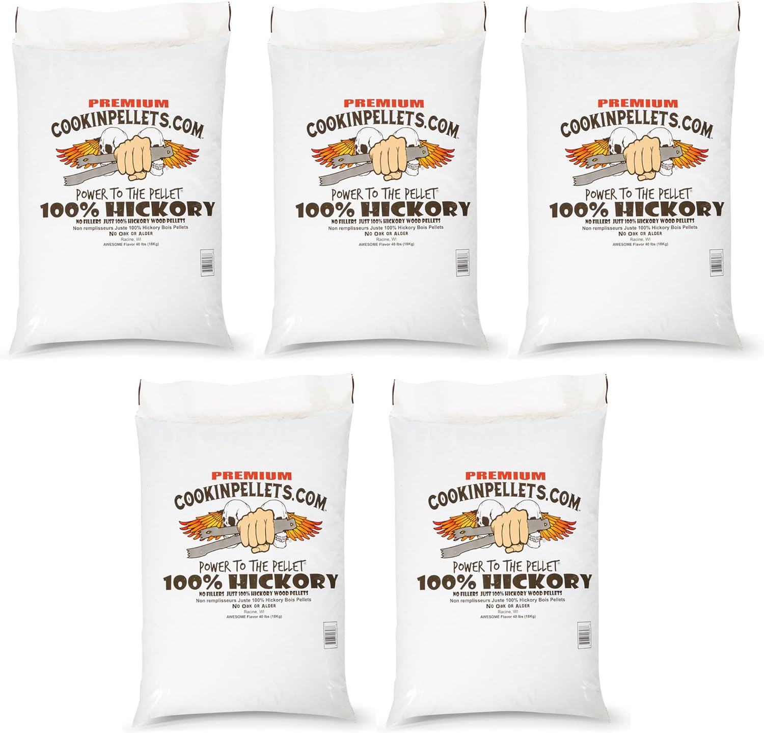 CookinPellets 40-Pound Premium Genuine Hickory Hardwood Grill Smoker Wood Pellets, No Bark, Fillers, and Flavor Oils, for Meat and Veggies (5 Pack)