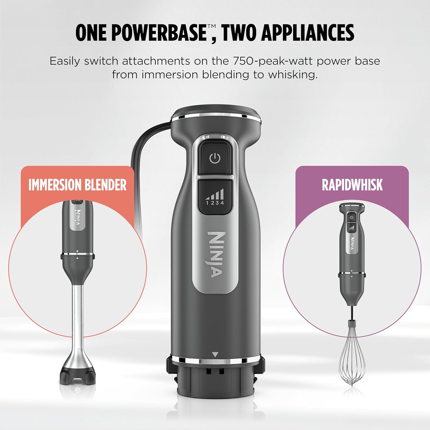 Ninja Immersion Blender and Whisk, Hand Stick Blender, 4 speeds, with SplatterShield and PanProtect, 4-Cup Blending Vessel, Dishwasher Safe, 5-ft Cord, Ergonomic, Dark Gray, CI201GY