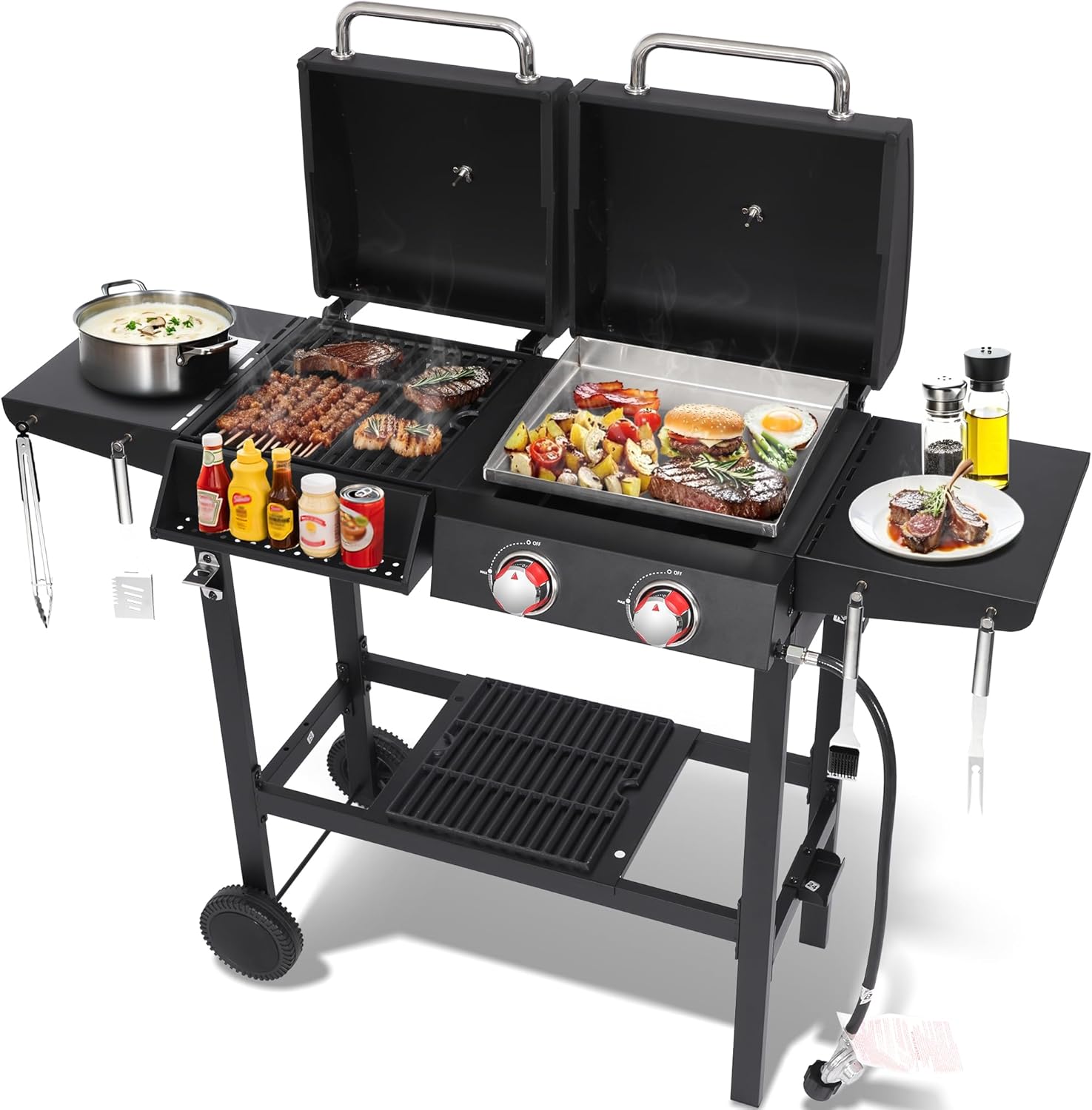Charcoal and 2-Burner Propane Gas Combo Grill with Stainless Steel Griddle & Porcelain-enameled Cast Iron Grates, Dual Fuel BBQ Combo Grill for Outdoor Cooking