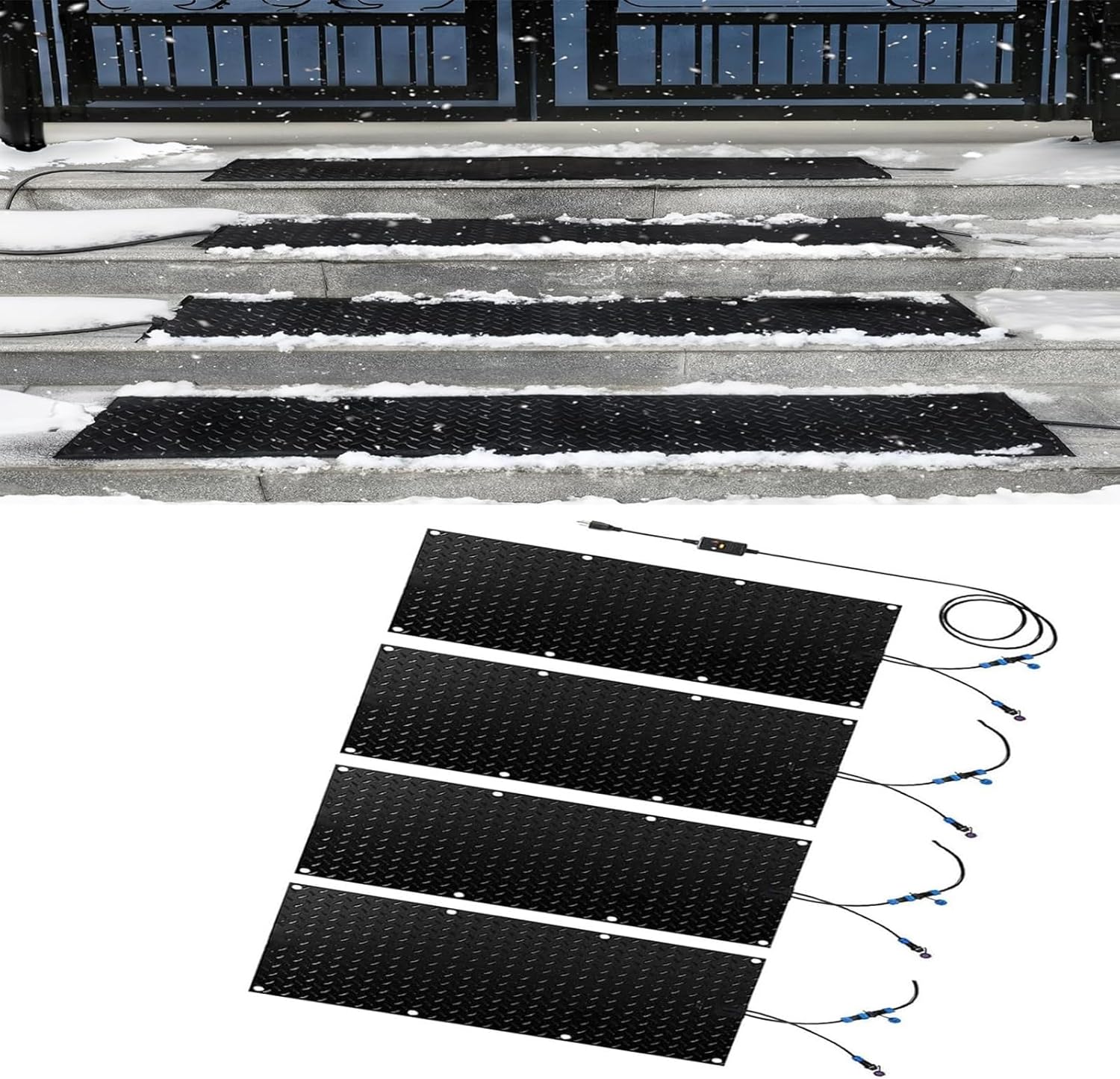 Heated snow melting entrance mat, Winter Outdoor Stairs Heated Snow Removal Mat, Slip-Proof Entrances Walkway Mat, 2 in/h Melting Speed with Power Cord and Connecting line(4 Pcs,40x200cm/15.7x79in)