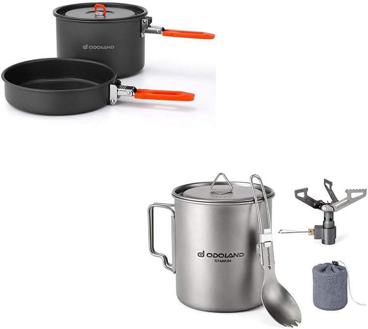 Odoland Bundle - 2 Items Camping Cookware Mess Kit and Titanium Camping Cookware 750ML