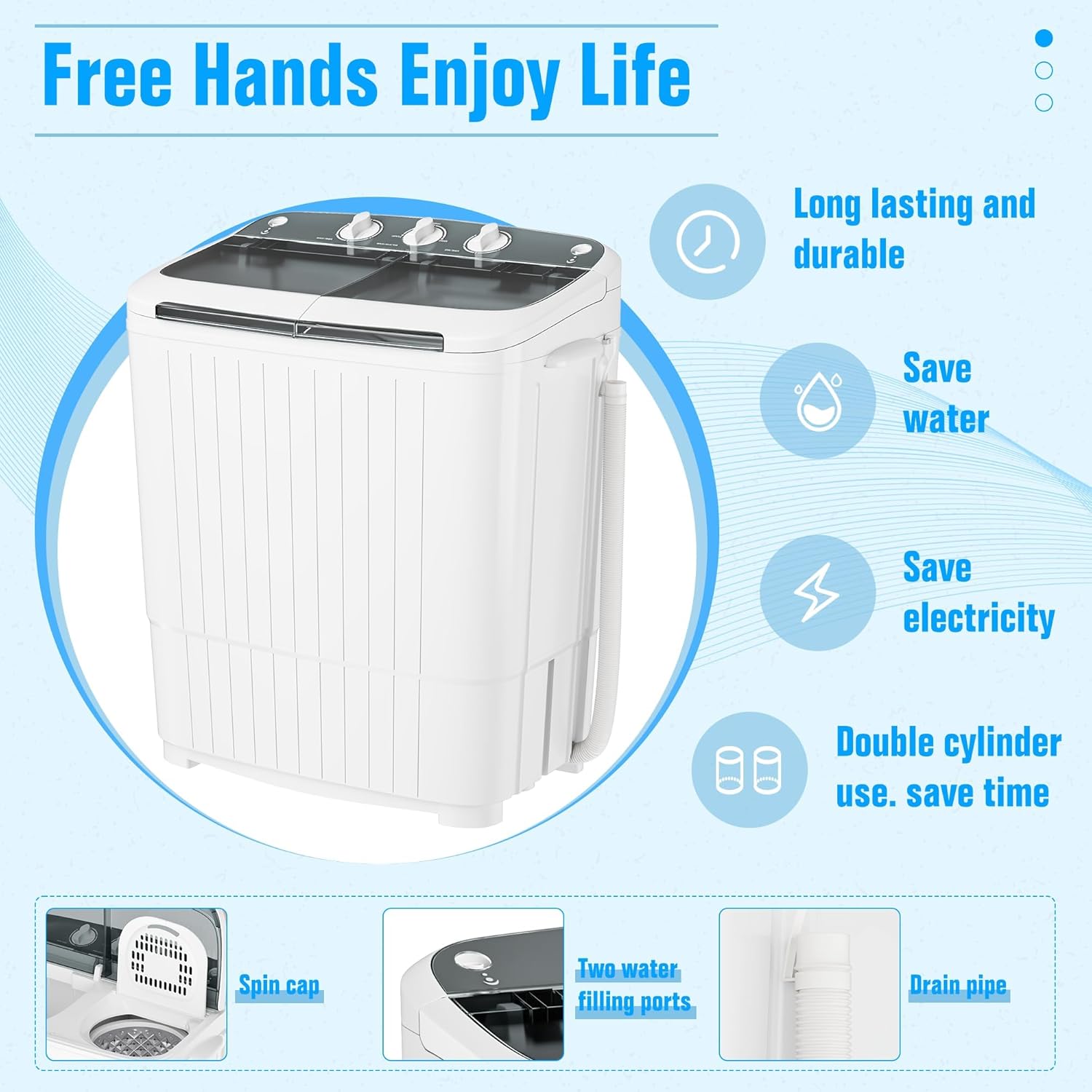 SUNCROWN Portable Washing Machine 16lbs, Mini Semi Automatic Semi Washer Semi Compact Twin Tub, Energy-Saving Laundry Combo with Extended Drain Hose & Pump for Dorms, Apartments, RV, (Black&White)