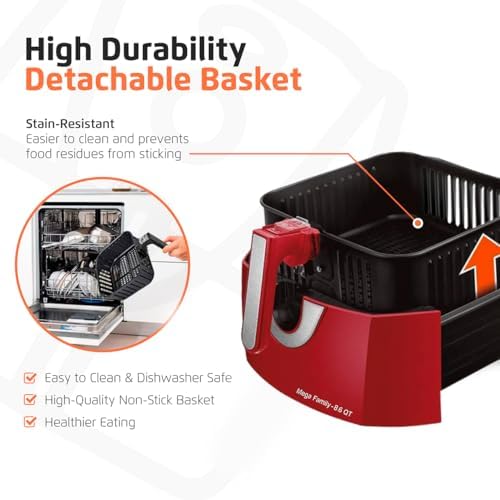 MONDIAL Air Fryer - 8.6 Quart Extra-Large Air Fryer, 2 Simple Dial Controls, 1800 Watts - Quick Heat Circulation Technology, Low Fat Cooking Less Calories - Removable Squared Basket - Red