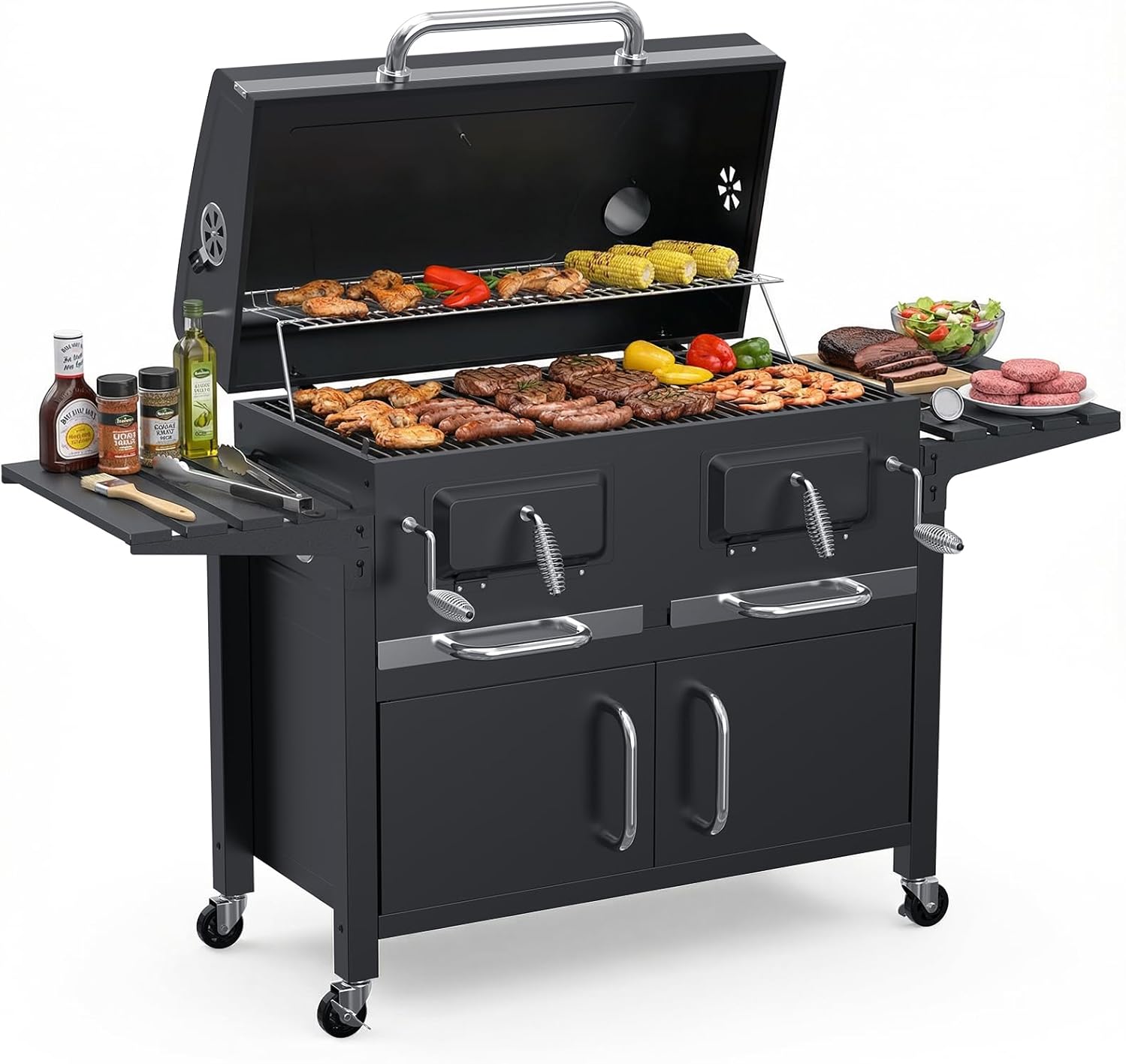 Bestfire Oversized Charcoal BBQ Grill & Smoker, 3-Tier Enamel Cooking Grates with Dual Adjustable Charcoal Trays, 4-Lockable Wheel+Foldable Side Prep Tables for Backyard Feasts & Outdoor Gatherings ﻿