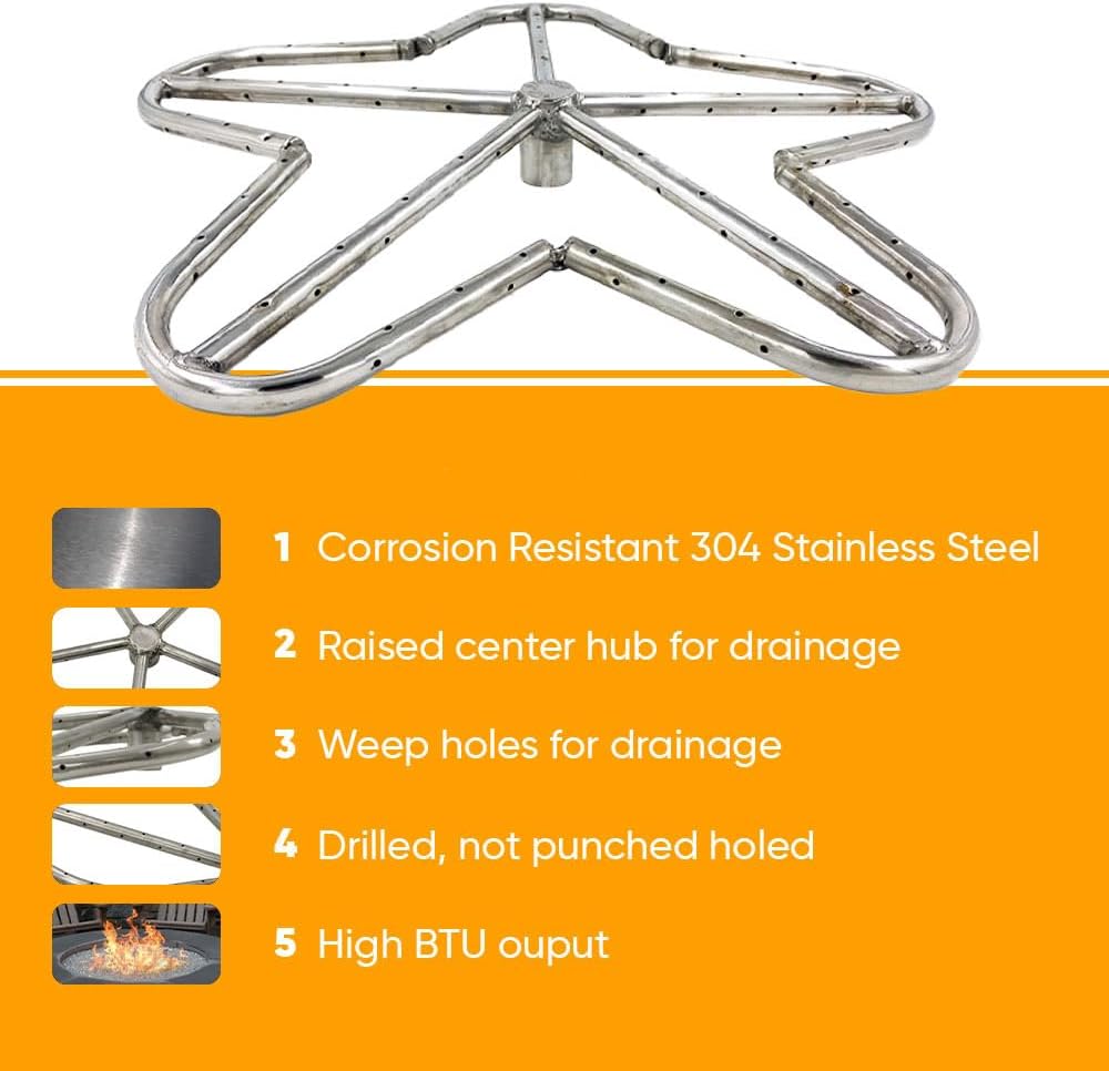 HPC Penta Match Lit Fire Pit Burner Kit with 48-Inch Stainless Steel Burner and 54-Inch Square Flat Pan, Propane, Polished Chrome, with Flange, Key, Valve, Flex Line and Fittings