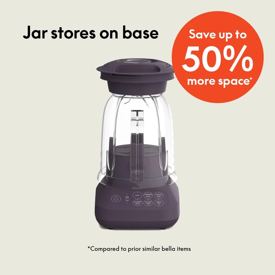 bella 10 Speed Countertop Blender, Juicer & Smoothie Maker, Fits-anywhere™ Kitchenware, Slim Flip & Store Design, Dishwasher Safe 48oz Capacity Pitcher & Lid, Stainless Steel Blade, 450 Watt, Plum