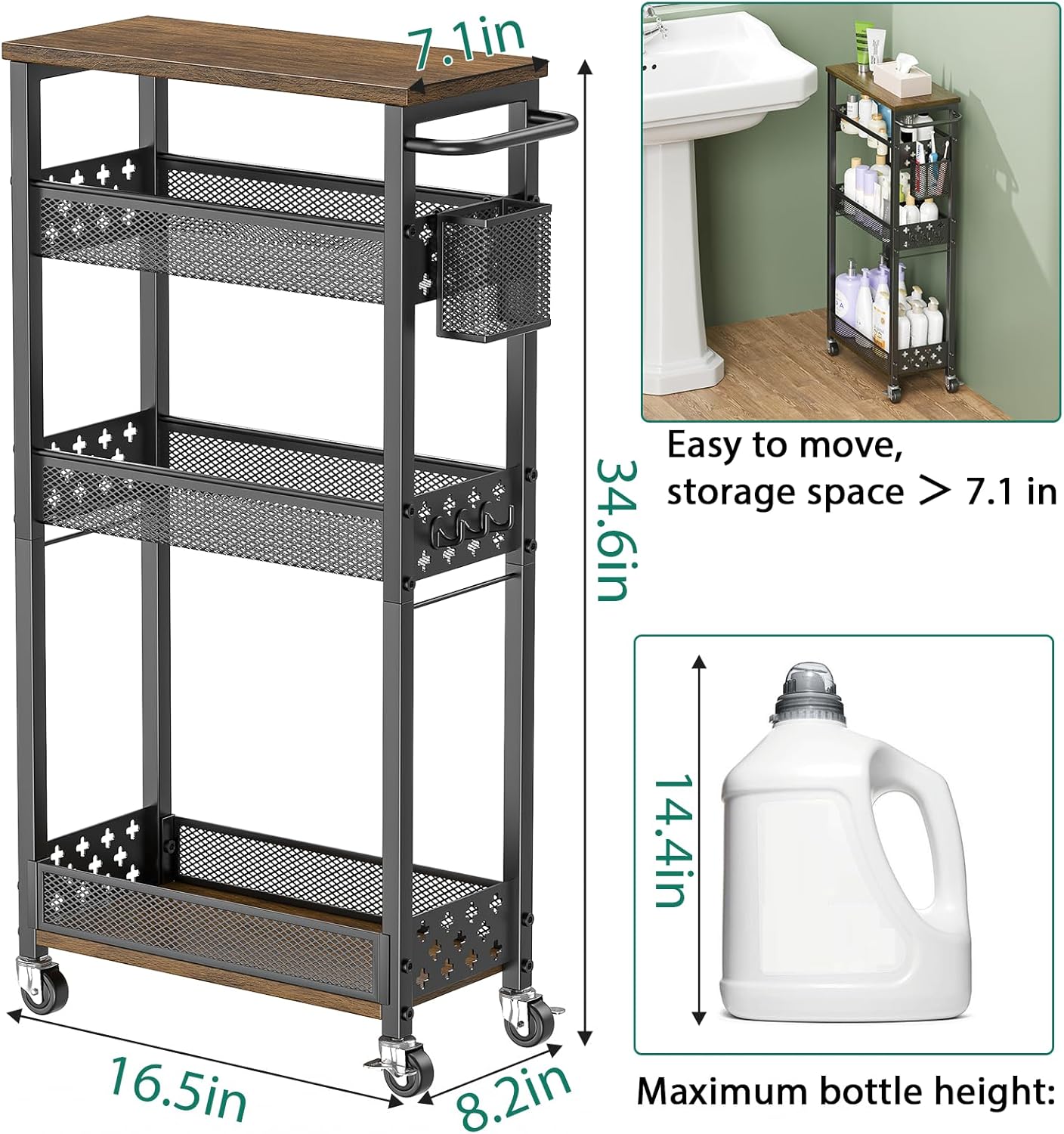 Slim Storage Cart 4 Tier Laundry Cart with Wheels, Narrow Metal Kitchen Rolling Carts Bathroom Organizers Storage Shelf with Wood Rack and Handle for Small Space