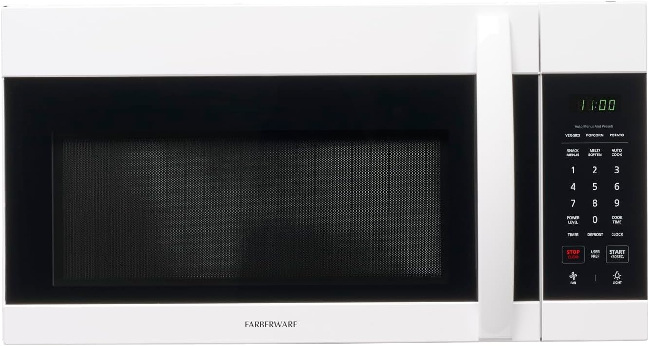 Farberware 1.7 Cu. Ft. Over-the-Range Microwave Oven – 1000 Watts Power, Auto Cook Settings, Defrost, Easy Clean and Child Safety Lock - White