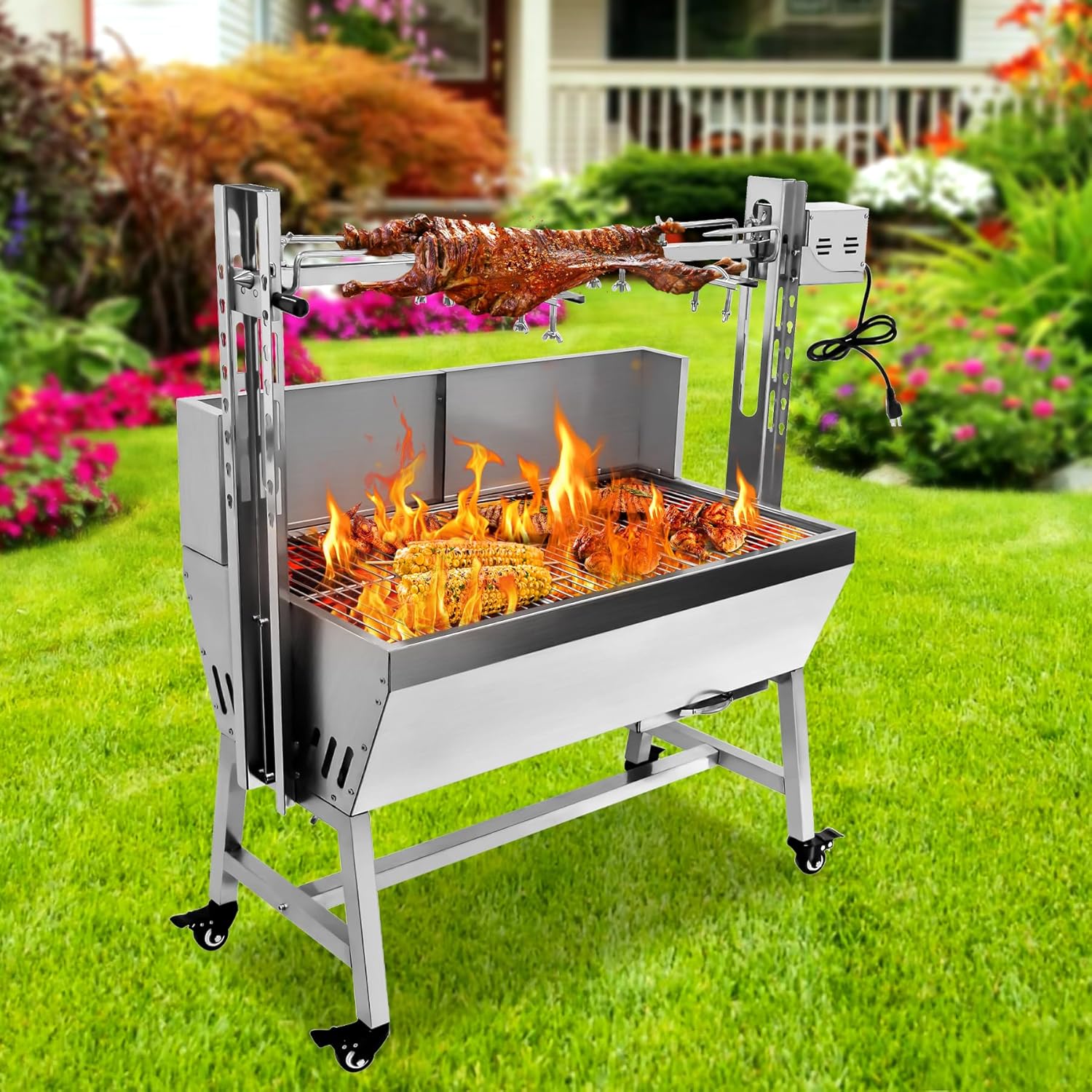 pig, whole hog, lamb bbq spit roaster rotisserie kit. electric 25w motor, 37 inch spit rod, all stainless trussing hardware, accessories. portable charcoal barbecue or outdoor wood fire,with baffle