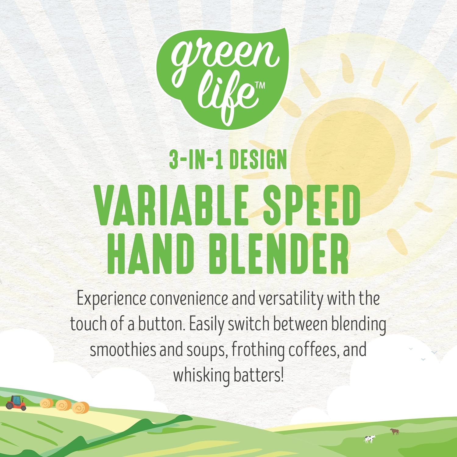 GreenLife 500-Watt Immersion Electric Handheld Stick Blender with Stainless Steel Blades, Whisk, Frother, Measuring Cup and Lid, Soups, Puree, Cake, Multi-Speed Control, Portable, Black