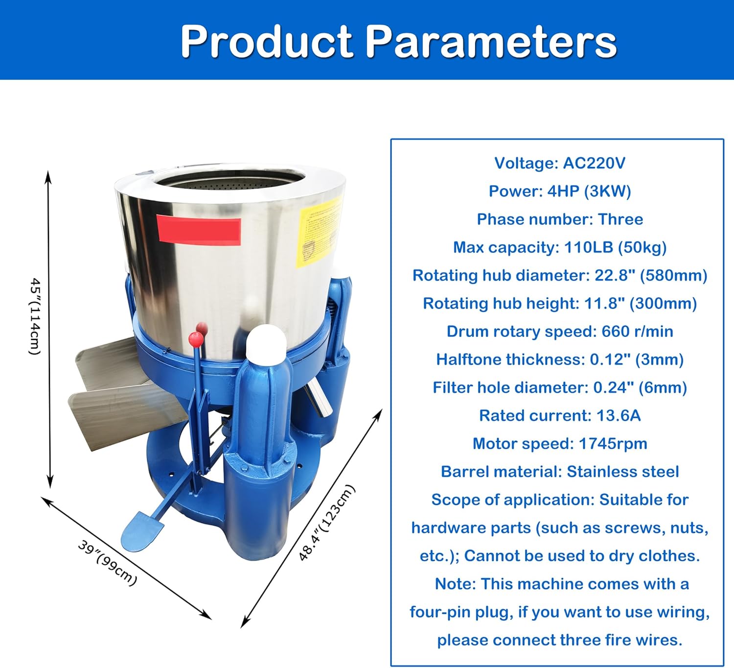 INTSUPERMAI Centrifugal Dewatering Drying Machine 110LB Capacity Industrial Laundry Centrifugal Dryer Commercial Spin Dryer Wool Processing Washing Dry Machine 4HP Three Phase Electricity