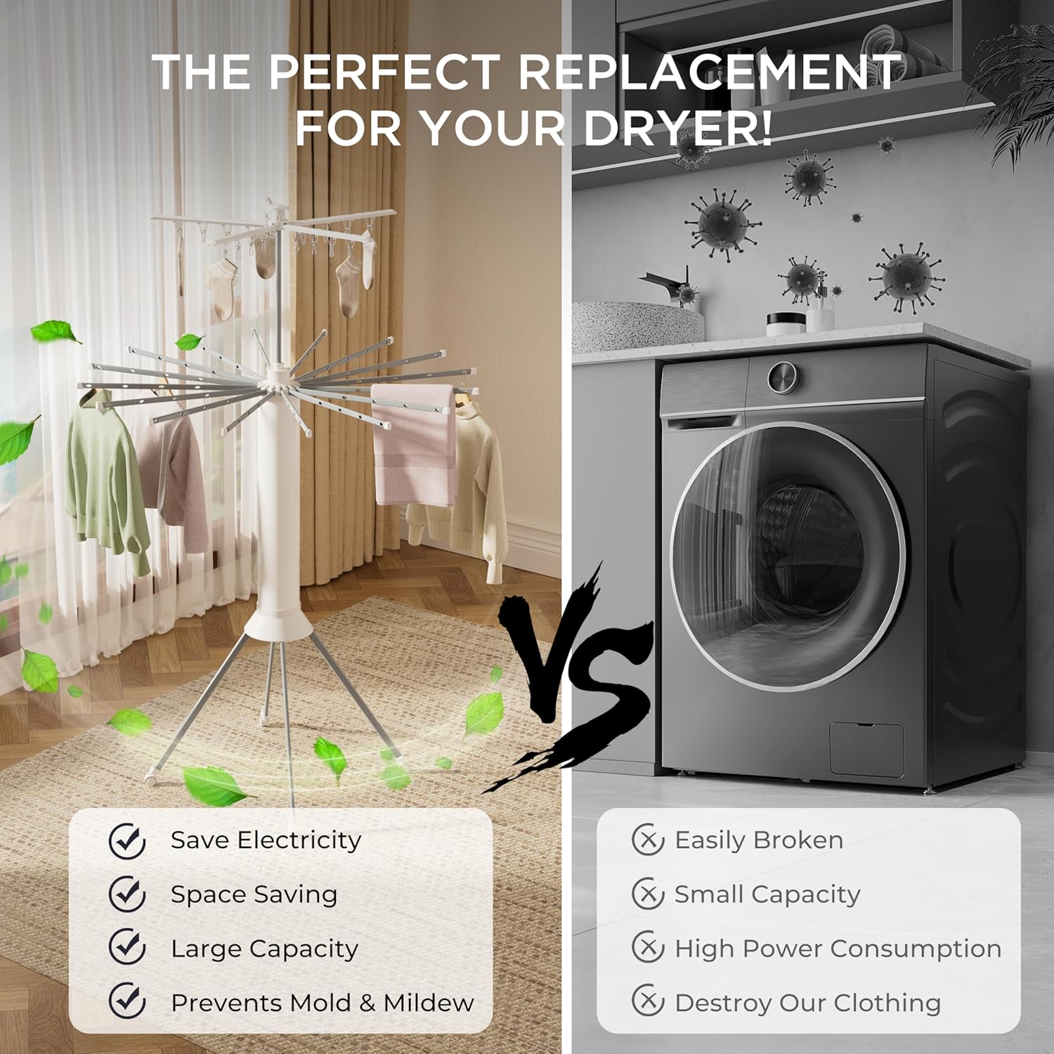 Clothes Drying Rack Foldable, 4-Legged Double Dryer Rack with 20 Clips, Laundry Drying Rack with 4 Pulleys, Portable Drying Rack Clothing, Collapsible Indoor Hanging Dry Rack for Clothes, Socks, Towel