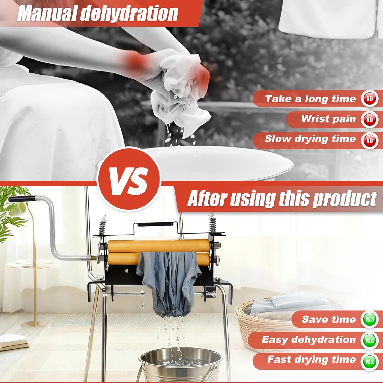 Hand-Crank Clothes Wringer - Solid Wood Tan Rollers, Removes 95% Water, Portable Laundry Dehydrator for Efficient Water Removal