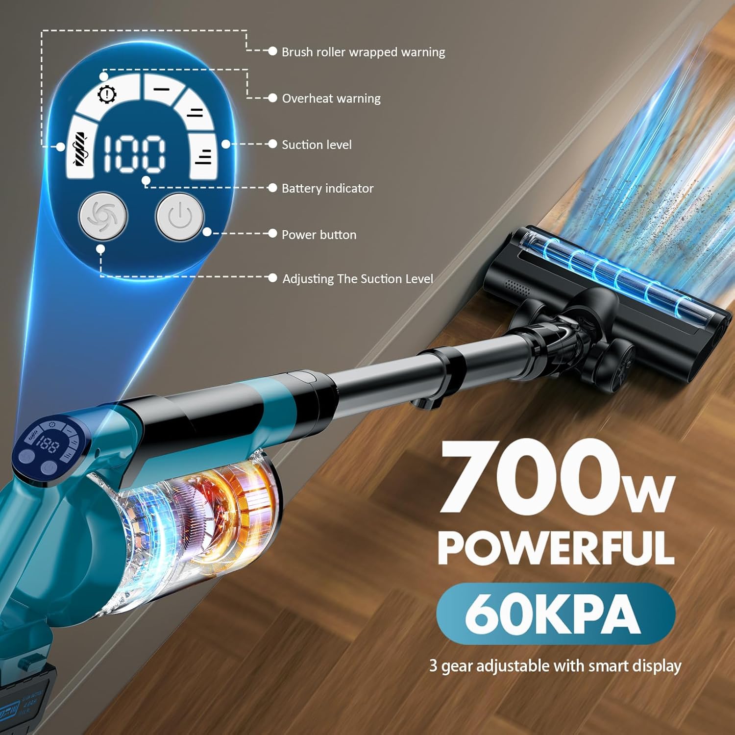 700W Cordless Vacuum Cleaners for Home with 2*Battery 8000mAh, 60kPa Brushless Rechargeable Stick Vacuum with 3 Mode, 6 In 1 Portable Handheld Cordless Vacuum for Pet Hair /Hardwood Floor/Carpet /Dorm