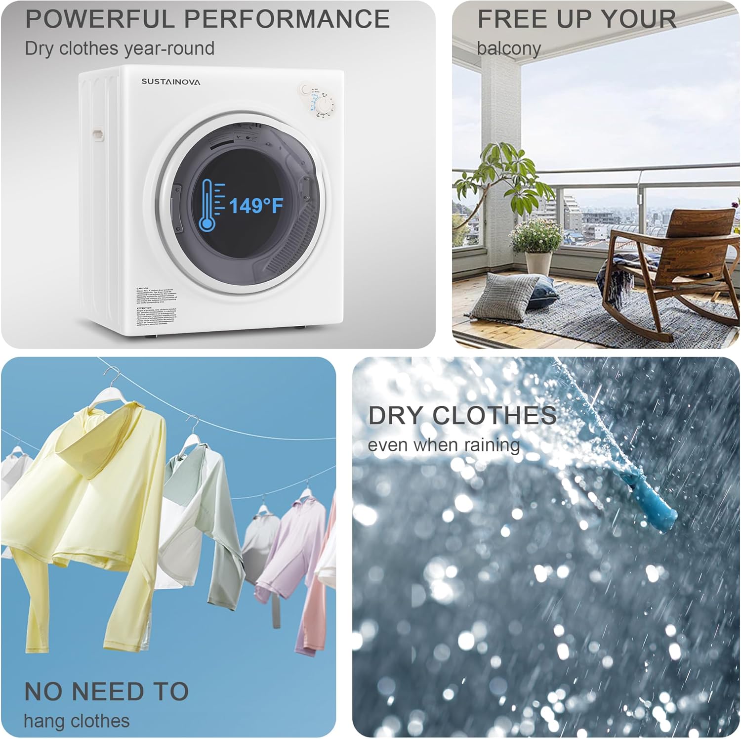 Elevon 1500W Portable Clothes Dryer, 3.5 cu.ft Electric Drying Machine for Laundry with Stainless Steel Tub for Apartment, Rvs, Dorms, Compact Dryer for Small Space, Black/White