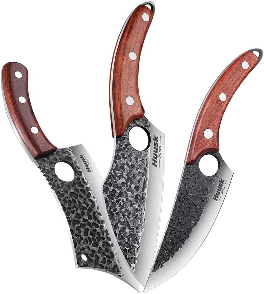 Huusk Chef Knives Set Hand Forged Meat Cleaver for Meat Cutting Boning Knife with Sheath Outdoor Grilling Camping Knives Set