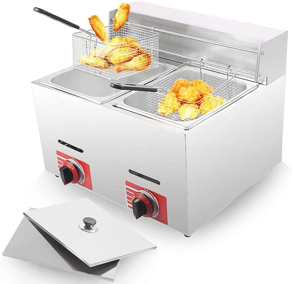 Commercial Gas Fryer,Stainless Steel Table Top Fryer for Restaurants,Outdoor Stovetop,Ideal for Fried Chicken and Fish,Dual Cylinder Design,cylinderfryer
