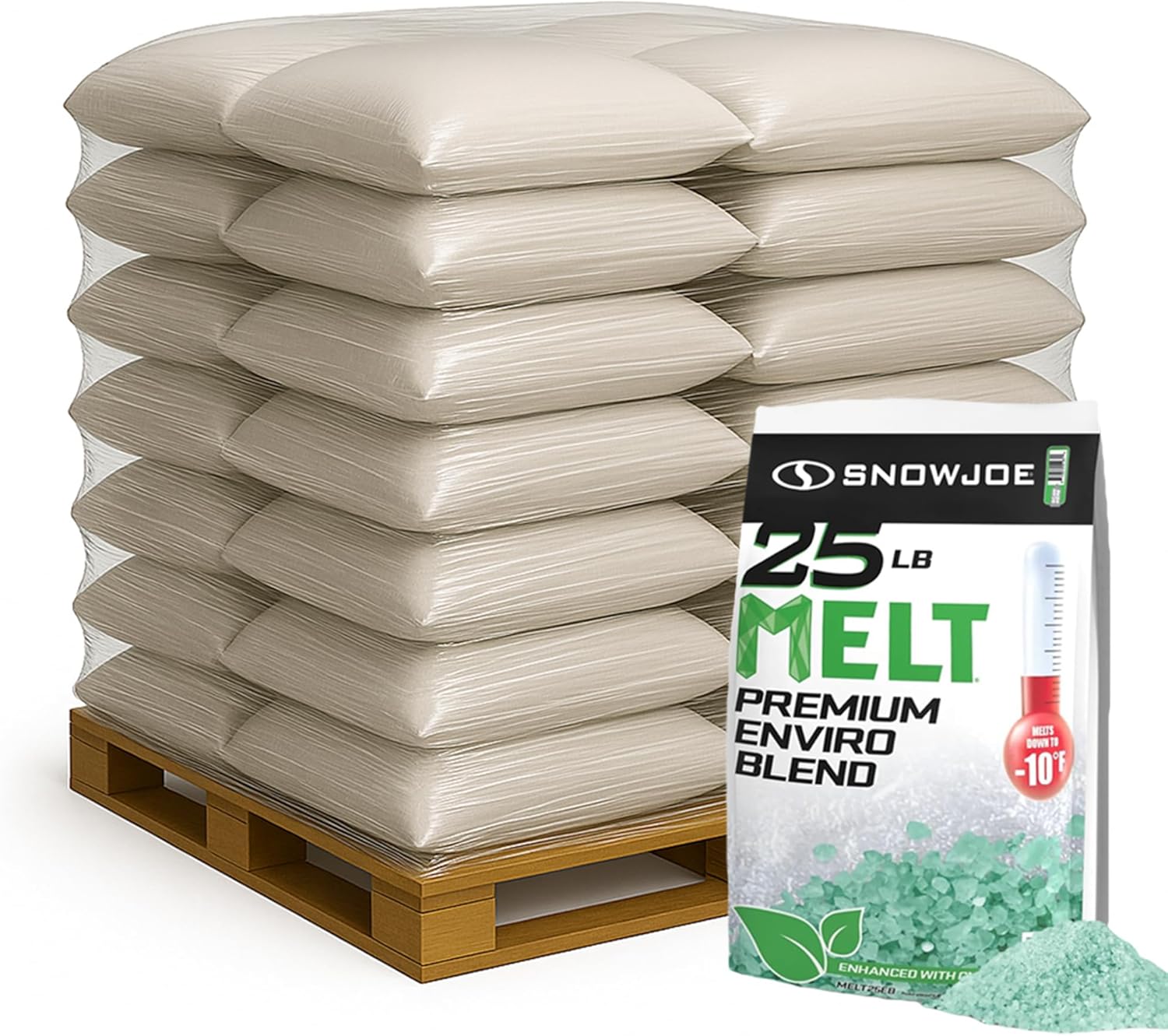 Snow Joe 100 Pack Premium Enviro Blend Snow & Ice Melt, Green-Coated Deicer Crystals, 25 lb - Safer Melter for Vegetation, Concrete & Metals w/Anti-Corrosion Calcium Magnesium Acetate, MELT25EB