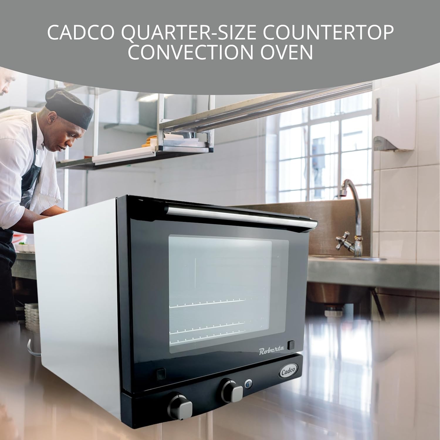 Cadco OV-003 Quarter-Size Commercial Countertop Convection Oven, 3 Pan Capacity, Manual Time & Temp Controls, Stainless Steel, 18-7/8